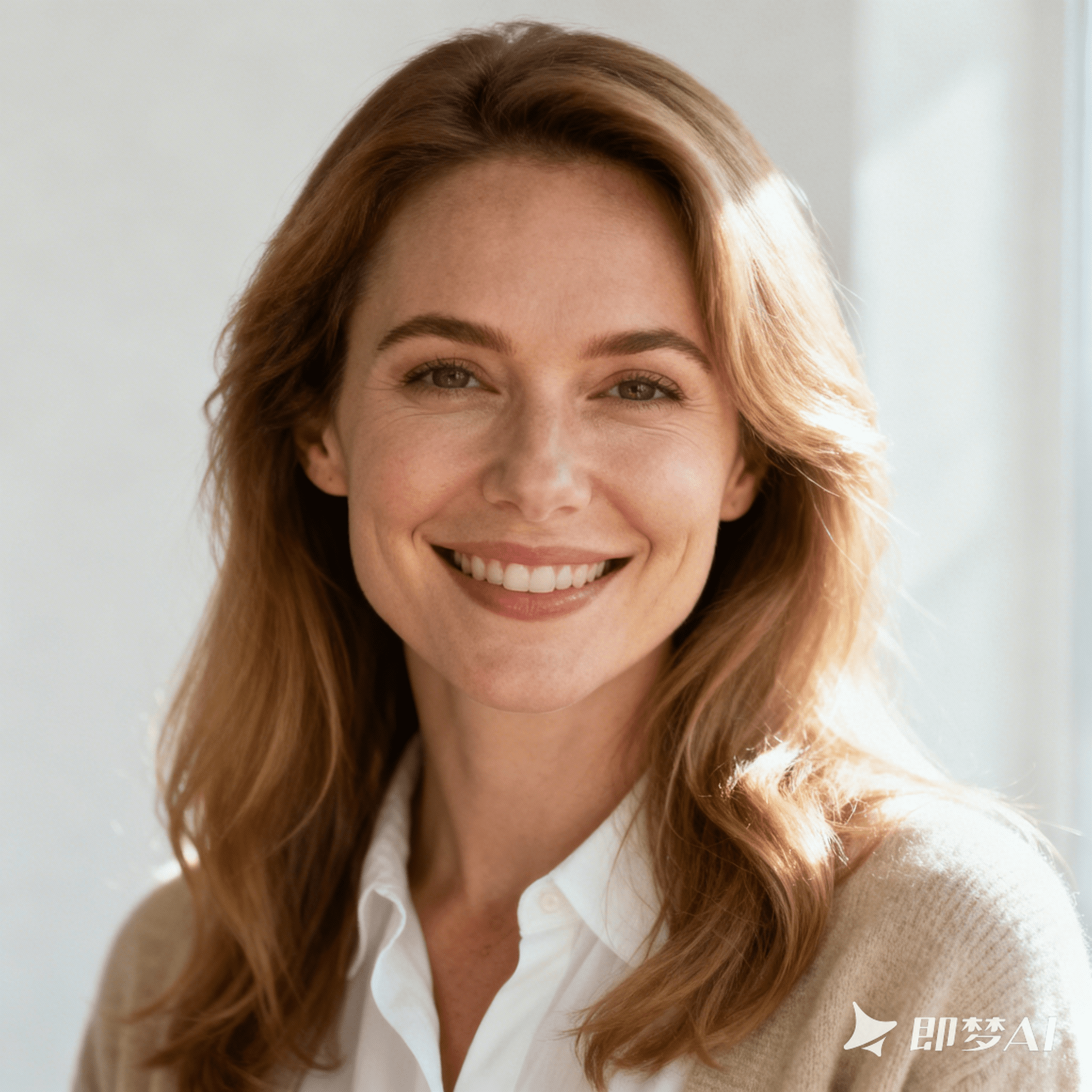 jimeng 2025 12 01 5150 一位温柔的国外母亲形象，她是年轻的白人女性，有着温暖的笑容，棕色或金色的长发自然...
